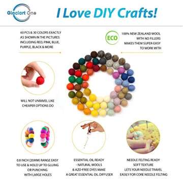 Glaciart One Felt Pom Poms, Wool Felt Balls (60 Pieces) 2 cm – 0.8 Inch, Handmade Felted 30 Color (Red, Pink, Blue, Yellow, Black, White, Pastel and More) Bulk Small Puff for Felting and Garland