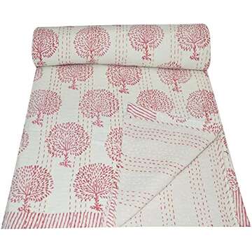 YUVANCRAFTS Indian Hand Block Print Kantha Quilt Queen Size Handmade Quilt Kantha Throw Blanket Quee...