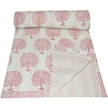 YUVANCRAFTS Indian Hand Block Print Kantha Quilt Queen Size Handmade Quilt Kantha Throw Blanket Quee...
