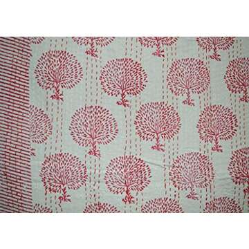 YUVANCRAFTS Indian Hand Block Print Kantha Quilt Queen Size Handmade Quilt Kantha Throw Blanket Queen Bedspread Boho Quilt Vintage Gudari Kantha Quilts (Block 2)