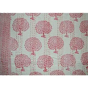 YUVANCRAFTS Indian Hand Block Print Kantha Quilt Queen Size Handmade Quilt Kantha Throw Blanket Queen Bedspread Boho Quilt Vintage Gudari Kantha Quilts (Block 2)