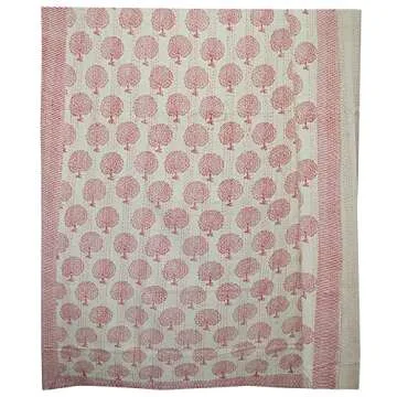 YUVANCRAFTS Indian Hand Block Print Kantha Quilt Queen Size Handmade Quilt Kantha Throw Blanket Queen Bedspread Boho Quilt Vintage Gudari Kantha Quilts (Block 2)