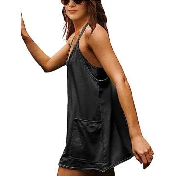 VATEAMI Women Sleeveless Athletic Dress Mini Dress Spaghetti Strap Sundress with Shorts (Black-M)