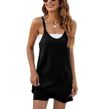 VATEAMI Women Sleeveless Athletic Dress Mini Dress Spaghetti Strap Sundress with Shorts (Black-M)