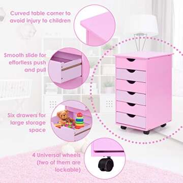 Costzon 6-Drawer Mobile File Storage Cabinet w/Wheels, Wood Removable Bedside Table, Organization 6 Drawer for Closet, Office, Girls, Bedroom Children, Kids Furniture Pink
