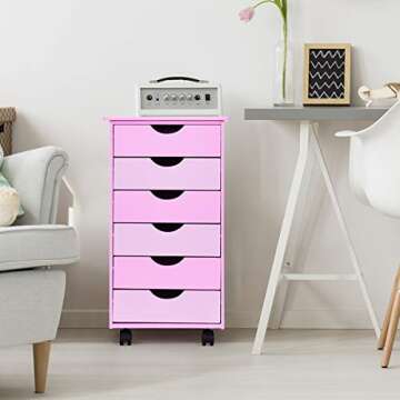 Costzon 6-Drawer Mobile File Storage Cabinet w/Wheels, Wood Removable Bedside Table, Organization 6 Drawer for Closet, Office, Girls, Bedroom Children, Kids Furniture Pink