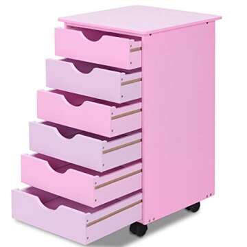 Costzon 6-Drawer Mobile File Storage Cabinet w/Wheels, Wood Removable Bedside Table, Organization 6 Drawer for Closet, Office, Girls, Bedroom Children, Kids Furniture Pink