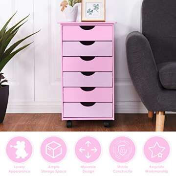 Costzon 6-Drawer Mobile File Storage Cabinet w/Wheels, Wood Removable Bedside Table, Organization 6 Drawer for Closet, Office, Girls, Bedroom Children, Kids Furniture Pink
