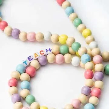 H1vojoxo 5PCS Wooden Beaded Lanyard with ID Badges for Teachers, Teacher Lanyards for ID Badges, Personalized Teacher Lanyard with Badge Holder, Colorful Teacher Beaded Lanyard for ID Badges and Keys