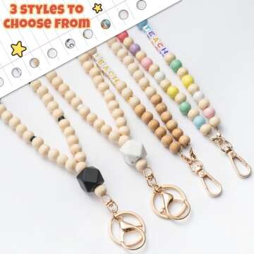 H1vojoxo 5PCS Wooden Beaded Lanyard with ID Badges for Teachers, Teacher Lanyards for ID Badges, Personalized Teacher Lanyard with Badge Holder, Colorful Teacher Beaded Lanyard for ID Badges and Keys