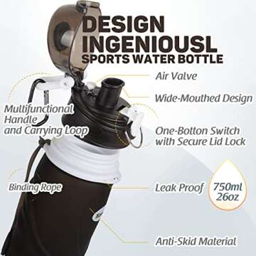 Kemier Collapsible Silicone Water Bottles-750ML,Medical Grade,BPA Free.Can Roll Up,26oz,Leak Proof Foldable Sports & Outdoor Water Bottles (Black)