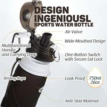 Kemier Collapsible Silicone Water Bottles-750ML,Medical Grade,BPA Free.Can Roll Up,26oz,Leak Proof Foldable Sports & Outdoor Water Bottles (Black)