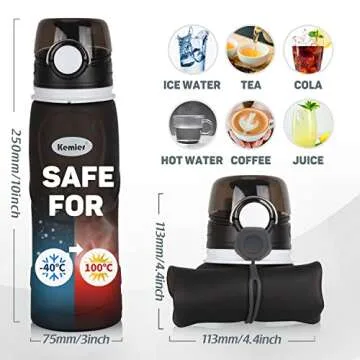 Kemier Collapsible Silicone Water Bottles-750ML,Medical Grade,BPA Free.Can Roll Up,26oz,Leak Proof Foldable Sports & Outdoor Water Bottles (Black)