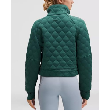 Locachy Women's Half Zip Cropped Quilted Sweatshirts Loose Stand Collar Active Puffer Pullover Fall Winter Fashion Outfits Dark Green M
