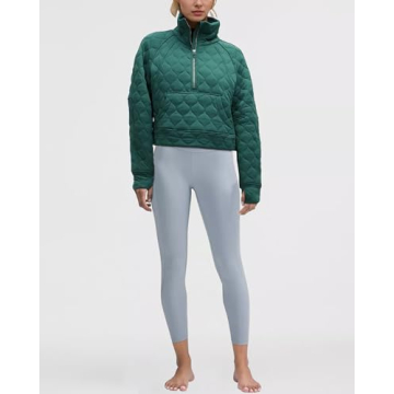 Locachy Women's Half Zip Cropped Quilted Sweatshirts Loose Stand Collar Active Puffer Pullover Fall Winter Fashion Outfits Dark Green M