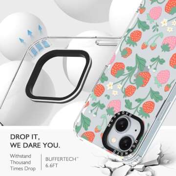 MOSNOVO Case for iPhone 15, [Buffertech 6.6ft Military-Grade Drop Protection] [Anti Peel Off Tech] Clear TPU Bumper Phone Case Cover Design - Strawberry Garden