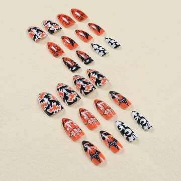 Halloween Press on Nails Short，Almond Shaped Fake Nails Halloween Glue on Nails Pumpkin Witch Bat Designs Orange Black Acrylic Nails Glossy Artificial Nails for Women Halloween Manicure Art 24Pcs