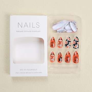 Halloween Press on Nails Short，Almond Shaped Fake Nails Halloween Glue on Nails Pumpkin Witch Bat Designs Orange Black Acrylic Nails Glossy Artificial Nails for Women Halloween Manicure Art 24Pcs