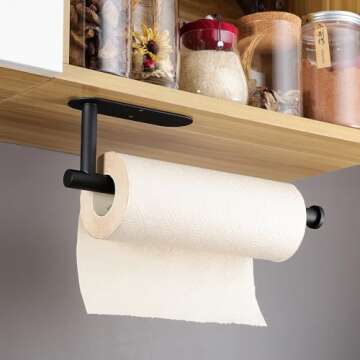 Taozun Black Paper Towel Holder - Under Cabinet Paper Towel Rack Self Adhesive Paper Towel Bar for Kitchen, SUS304 Stainless Steel Wall Mount