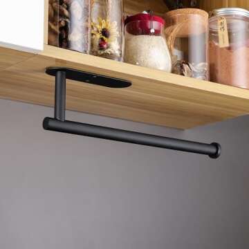 Taozun Black Paper Towel Holder - Under Cabinet Paper Towel Rack Self Adhesive Paper Towel Bar for Kitchen, SUS304 Stainless Steel Wall Mount