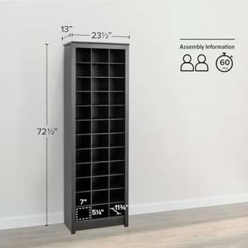 Prepac Elegant Black Shoe Storage Cabinet, Space-Saving Solution with Cubbies for 36 Pairs, 13"D x 23.5" W x 72.5" H