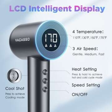 VACASSO Hair Blow Dryer, Ionic Dryer with Care Module, Professional Hairdryer High-Speed 110, 000 RPM Fast Drying, Low Noise Salon LED Temp Display, Negative for Home Travel Silver Gray
