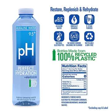 Perfect Hydration 9.5+ pH Alkaline Drinking Water 100% Recycled Bottles Electrolyte Minerals for Tas...