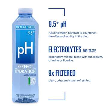 Perfect Hydration 9.5+ pH Alkaline Drinking Water 100% Recycled Bottles Electrolyte Minerals for Taste 24 pack - 20 oz