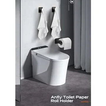Anfly RV Camper Self Adhesive Toilet Paper Holder with 2 Hanging Hooks for Campers, Bathroom, Kitchen and Bedroom,No Drill/Stick On Toilet Paper Holder Wall Mount, Black