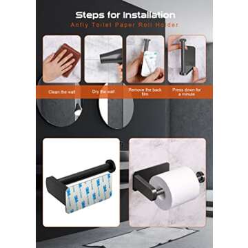 Anfly RV Camper Self Adhesive Toilet Paper Holder with 2 Hanging Hooks for Campers, Bathroom, Kitchen and Bedroom,No Drill/Stick On Toilet Paper Holder Wall Mount, Black