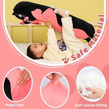 AIXINI Long Cat Plush Pillow Cartoon Cute Black Cat Stuffed Animals, Soft Kawaii Kitten Plushies Pillow Toy for Kids (Black,19.7inch)