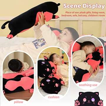 AIXINI Long Cat Plush Pillow Cartoon Cute Black Cat Stuffed Animals, Soft Kawaii Kitten Plushies Pillow Toy for Kids (Black,19.7inch)