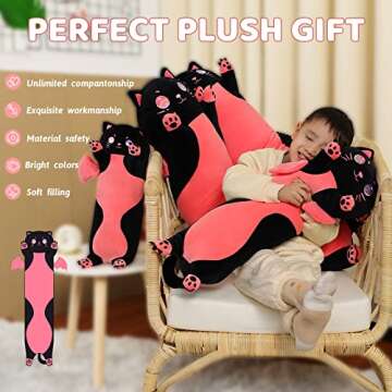 AIXINI Long Cat Plush Pillow Cartoon Cute Black Cat Stuffed Animals, Soft Kawaii Kitten Plushies Pillow Toy for Kids (Black,19.7inch)