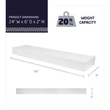 HIGH & MIGHTY 515607 Modern 24" Floating Shelf Holds up to 20lbs, Easy Tool-Free Dry Wall Installation, Flat, Retail Packaging, White