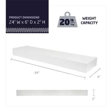 HIGH & MIGHTY 515607 Modern 24" Floating Shelf Holds up to 20lbs, Easy Tool-Free Dry Wall Installation, Flat, Retail Packaging, White