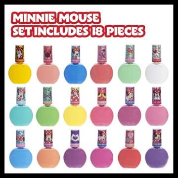 Townley Girl Disney Minnie Mouse 18 Piece Water-Based Nail Polish Set, Quick Dry and Peels-Off, Nail...