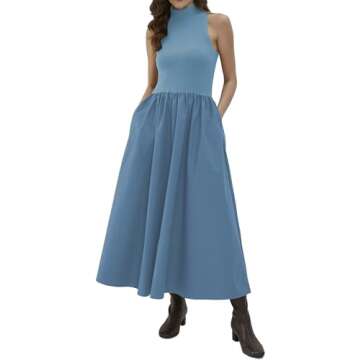 synound Women Turtleneck Maxi Dress Elegant Patchwork Sleeveless Pullover Long Dresses Casual Fashio...