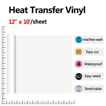 RENLITONG White HTV Iron on Vinyl 12Inch by 10ft Roll HTV Heat Transfer Vinyl for T-Shirt HTV Vinyl ...