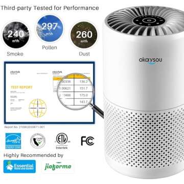 Okaysou Cayman 320 Air Purifiers for Bedroom, 600 SqFt Coverage for Large Room, H13 True HEPA Filter, Quiet 22dB Air Cleaner for Home, Remove 99.97% Smoke Dust Pollen Pet Hair Odor