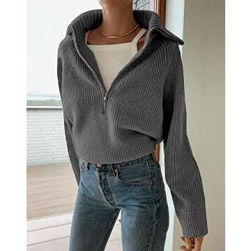 BTFBM Women’s Casual Long Sleeve Half Zip Pullover Sweaters Solid V Neck Collar Ribbed Knitted Loose Slouchy Jumper Tops(Solid Dark Grey, Large)