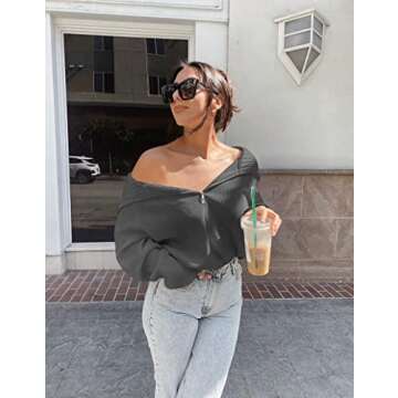 BTFBM Women’s Casual Long Sleeve Half Zip Pullover Sweaters Solid V Neck Collar Ribbed Knitted Loose Slouchy Jumper Tops(Solid Dark Grey, Large)