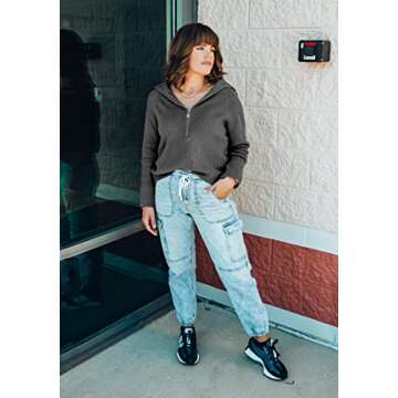 BTFBM Women’s Casual Long Sleeve Half Zip Pullover Sweaters Solid V Neck Collar Ribbed Knitted Loose Slouchy Jumper Tops(Solid Dark Grey, Large)