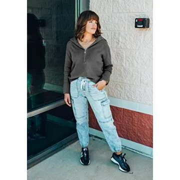 BTFBM Women’s Casual Long Sleeve Half Zip Pullover Sweaters Solid V Neck Collar Ribbed Knitted Loose Slouchy Jumper Tops(Solid Dark Grey, Large)