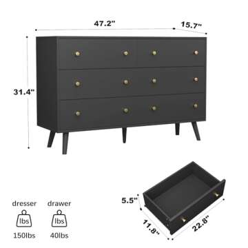 HOUROM Black Dresser for Bedroom, Modern 6 Drawer Double Dressers with Gold Handles, Wood Chest of D...
