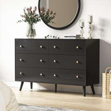HOUROM Black Dresser for Bedroom, Modern 6 Drawer Double Dressers with Gold Handles, Wood Chest of Drawers for Living Room, Hallway, Entryway