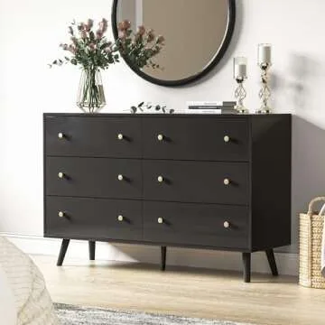 HOUROM Black Dresser for Bedroom, Modern 6 Drawer Double Dressers with Gold Handles, Wood Chest of Drawers for Living Room, Hallway, Entryway