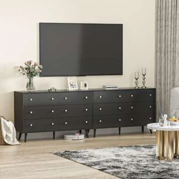 HOUROM Black Dresser for Bedroom, Modern 6 Drawer Double Dressers with Gold Handles, Wood Chest of Drawers for Living Room, Hallway, Entryway