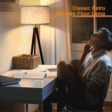 LEPOWER Wood Tripod Floor Lamp, Mid Century Standing Lamp, Modern Design Studying Light for Living Room, Bedroom, Study Room and Office, Flaxen Lamp Shade with E26 Lamp Base Walnut