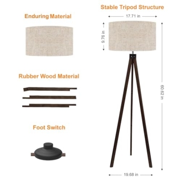 LEPOWER Wood Tripod Floor Lamp, Mid Century Standing Lamp, Modern Design Studying Light for Living Room, Bedroom, Study Room and Office, Flaxen Lamp Shade with E26 Lamp Base Walnut