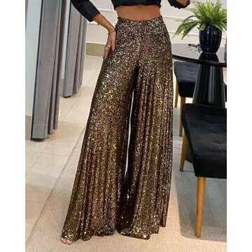 CHICME BEST SHOPPING DEALS Women Sequin High Waisted Pants Sparkly Wide Leg Flared Trousers Shiny Party Clubwear Long Pants